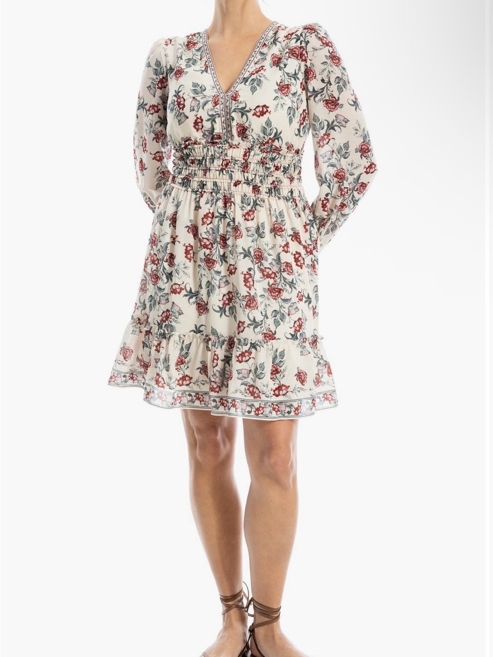 NWT Max Studio Georgette Floral Smocked Waist V-Neck Dress - Ivory, red